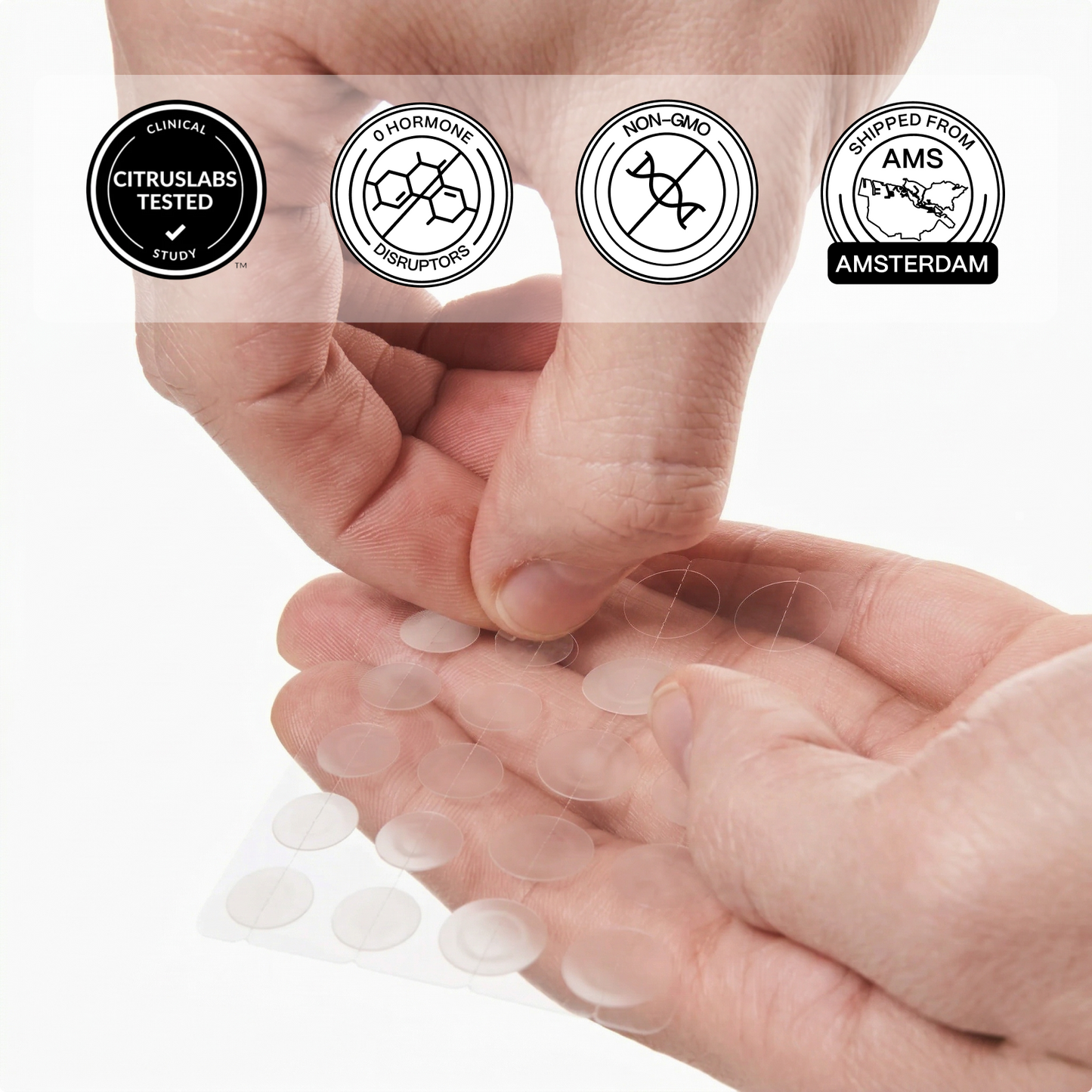 Hands peeling a acne patch from the sheet with clinical-test and non-GMO badges