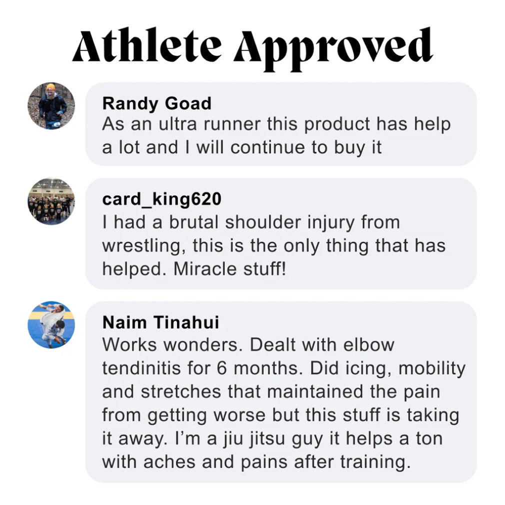 Athlete Approved graphic with customer reviews praising the Muscle & Joint Builder Balm