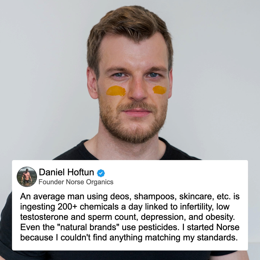 founder with balm on his face beside a quote about natural, chemical-free skincare