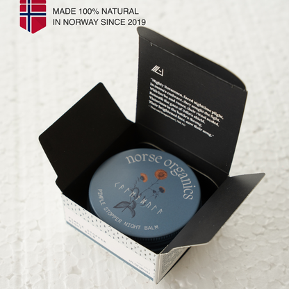 Pimple Stopper Night Balm tin in box with badge reading made 100% natural in Norway since 2019