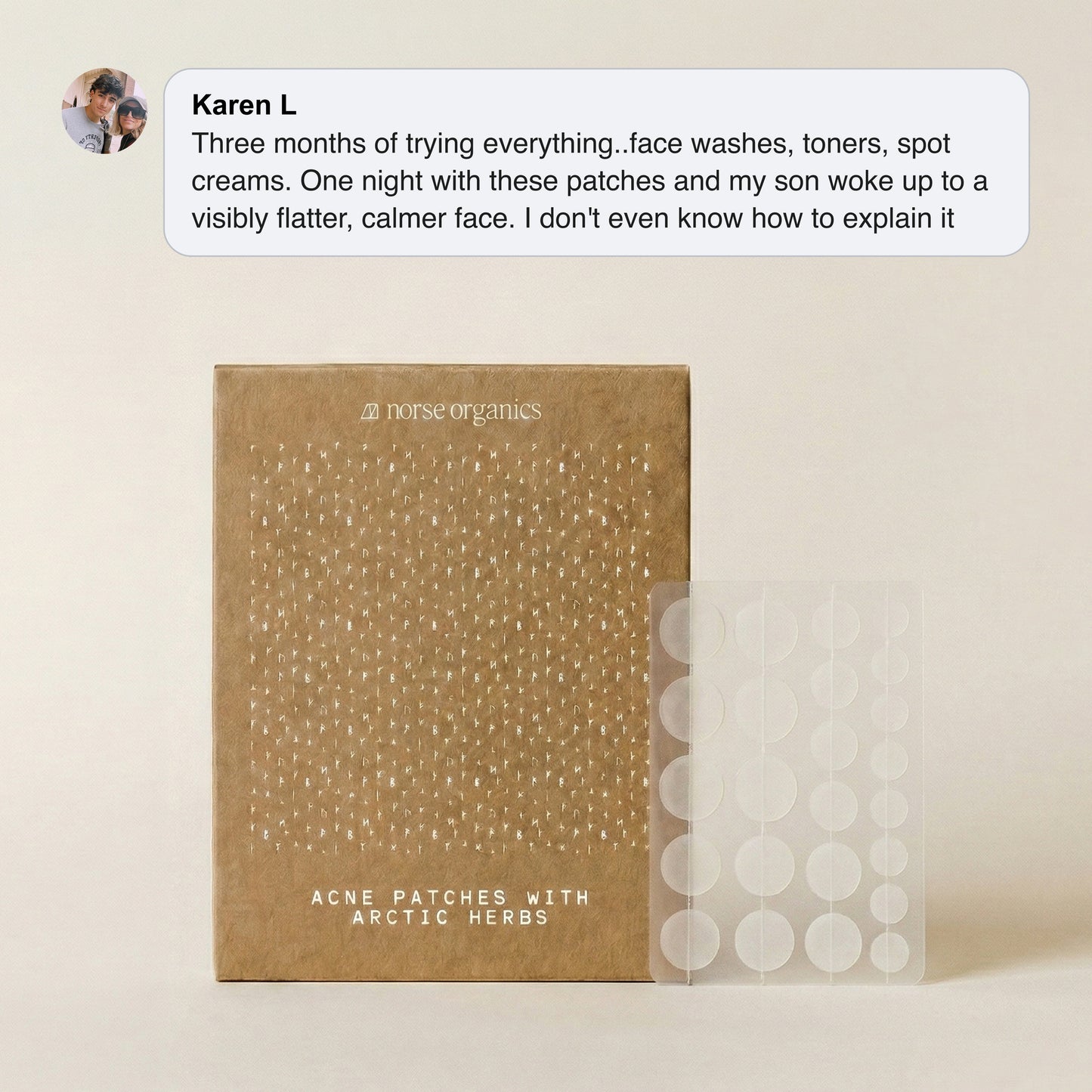Acne Patches with Arctic Herbs kraft box and clear patch sheet with a parent testimonial