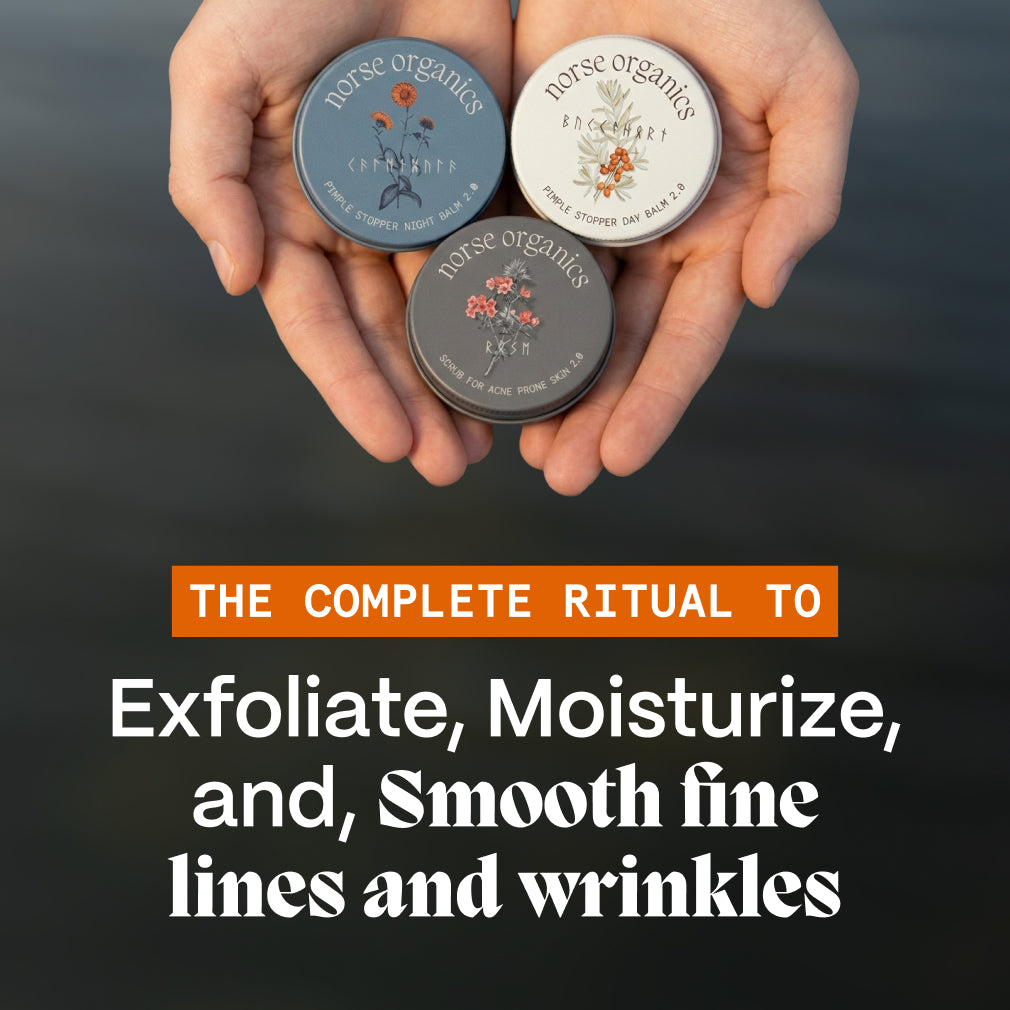 Hands holding three closed Anti-Age & Glow Ritual jars over Nordic water, the complete ritual