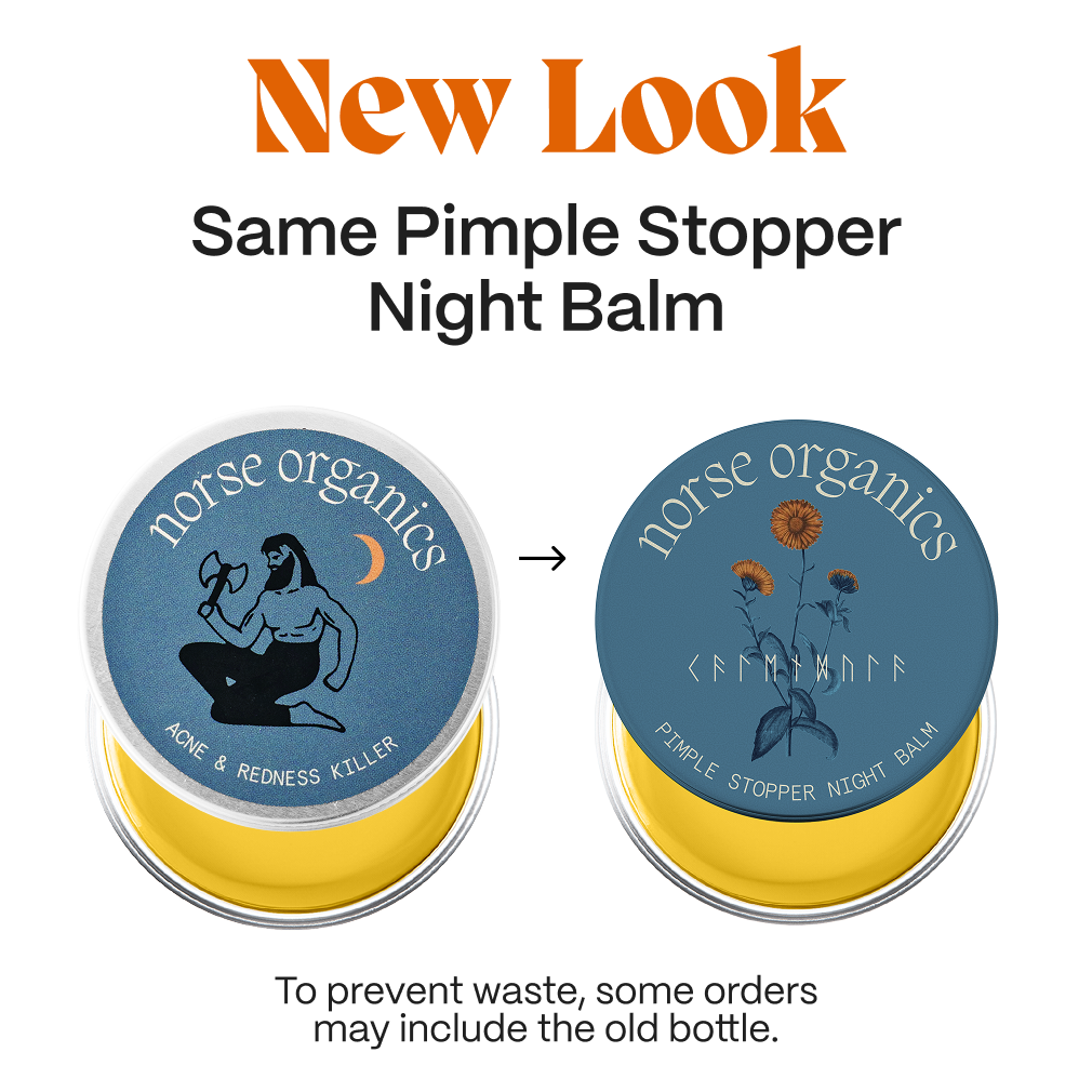 Ingredient list graphic for Pimple Stopper Night Balm with safflower, sea buckthorn and rosehip