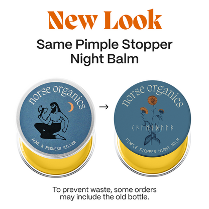 Ingredient list graphic for Pimple Stopper Night Balm with safflower, sea buckthorn and rosehip