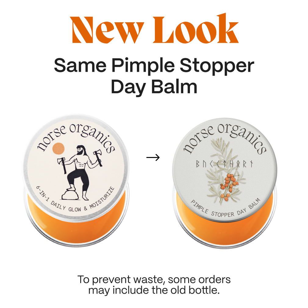 New look graphic comparing old and redesigned Pimple Stopper Day Balm tins