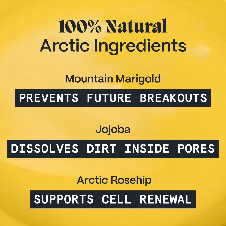 Graphic highlighting Arctic botanicals in the body acne balm: mountain marigold, jojoba, Arctic rosehip