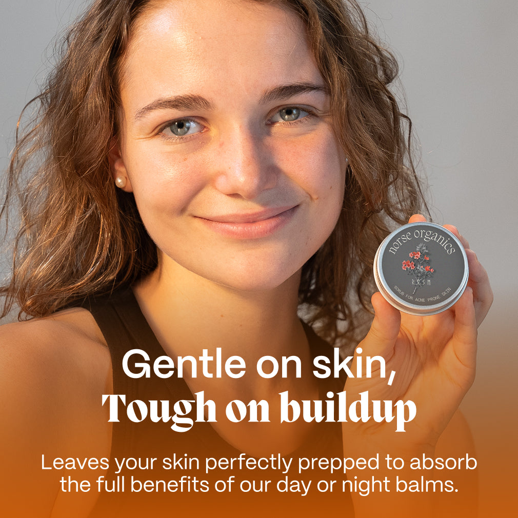 Woman holding the Scrub for Acne Prone Skin tin beside text on prepping clearer-looking skin