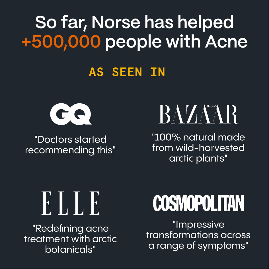 Graphic noting the body acne balm has helped many people, with As Seen In press logos