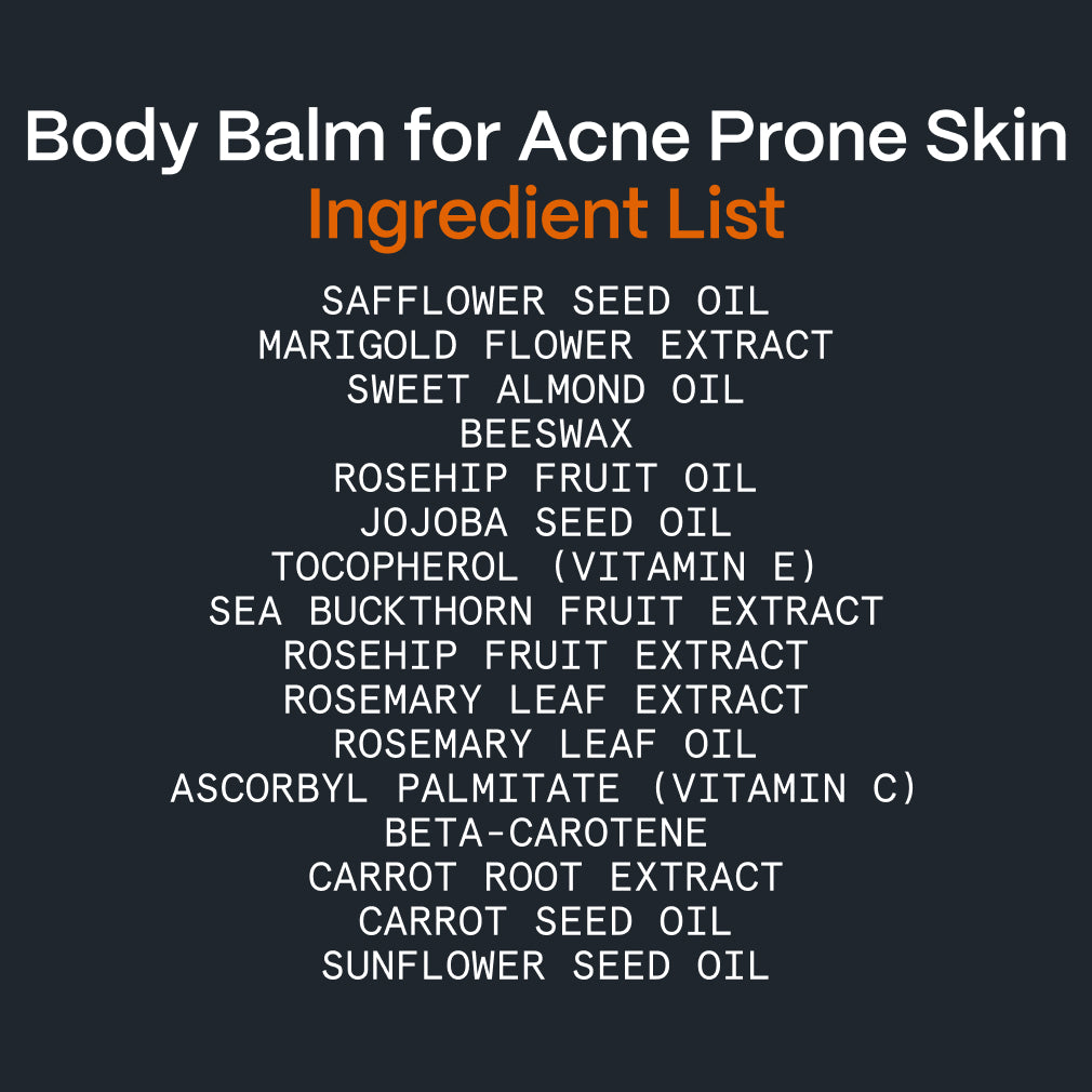 Full ingredient list graphic for Body Balm for Acne Prone Skin featuring Arctic botanicals