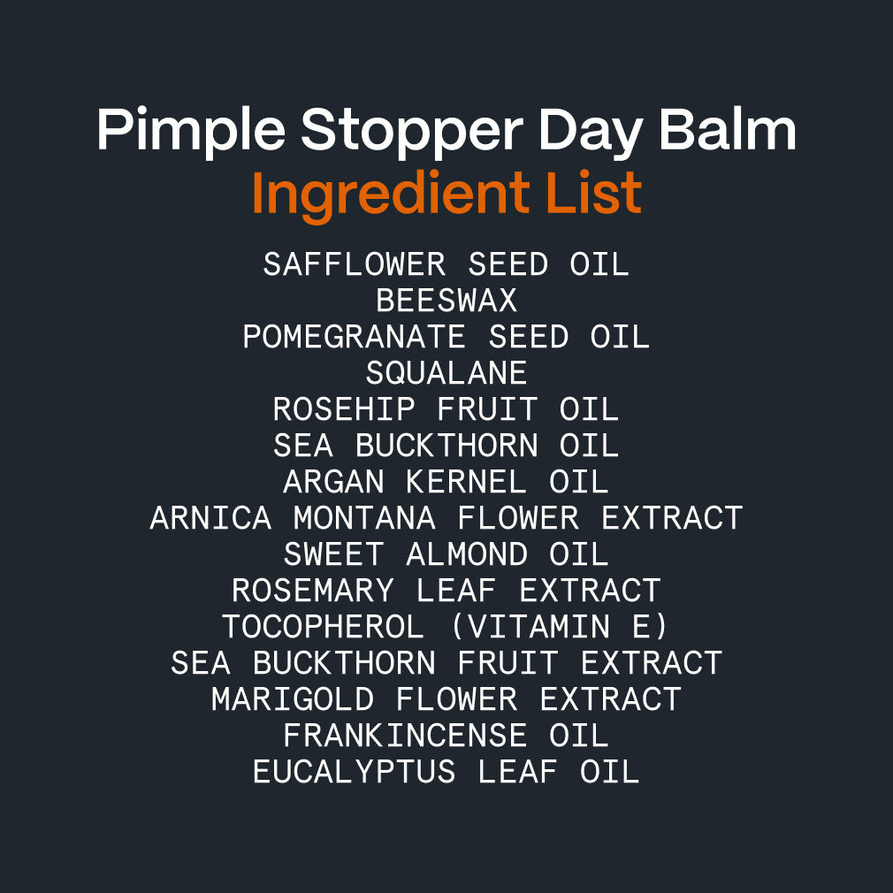 Infographic listing Pimple Stopper Day Balm ingredients including sea buckthorn, rosehip and beeswax