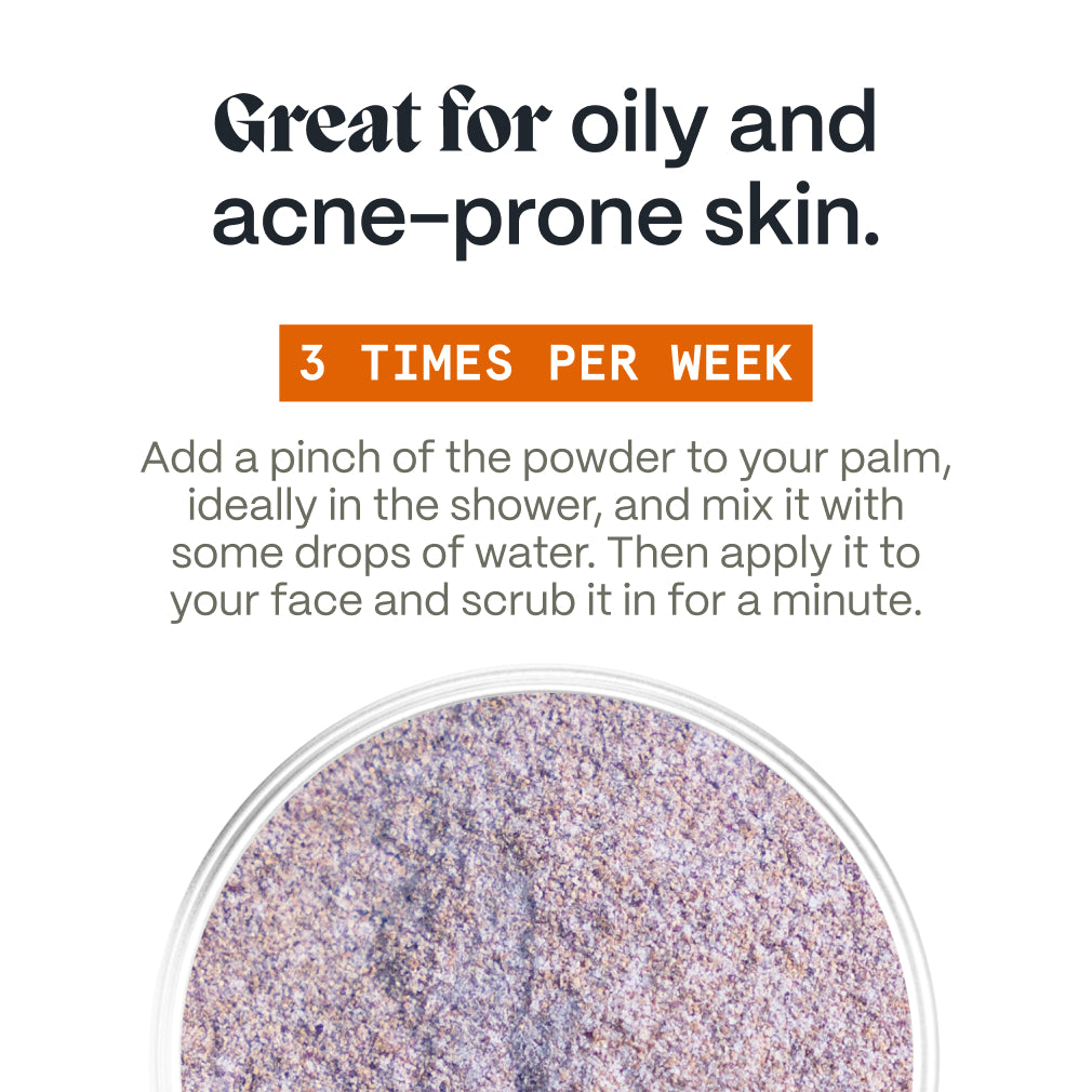 Usage graphic for the Scrub for Acne Prone Skin showing the gritty Arctic botanical powder up close