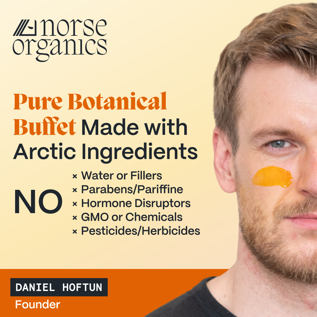 founder with the night balm on his cheek beside a free-from Arctic ingredients graphic