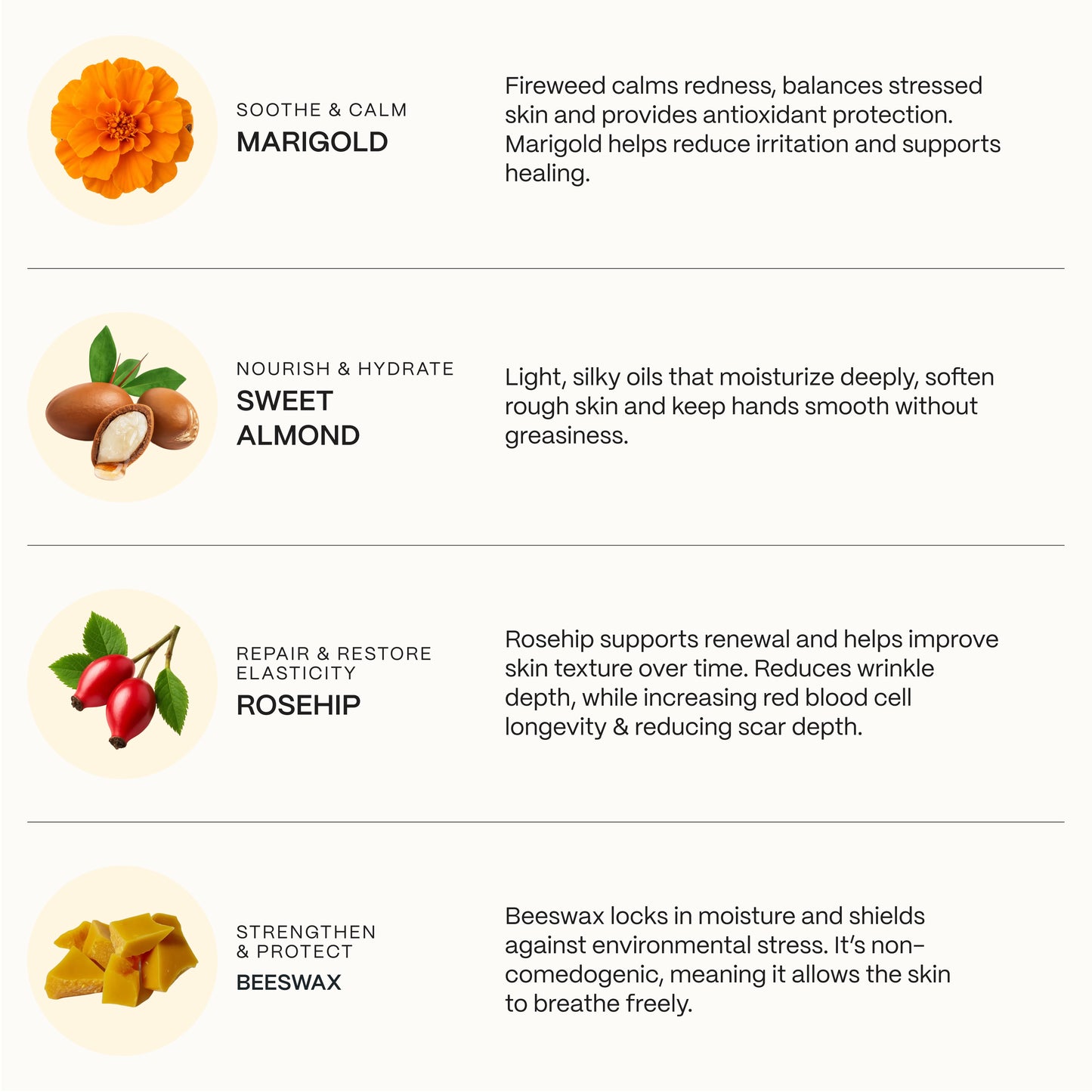 Infographic listing key botanicals in the body acne balm: marigold, sweet almond, rosehip, beeswax