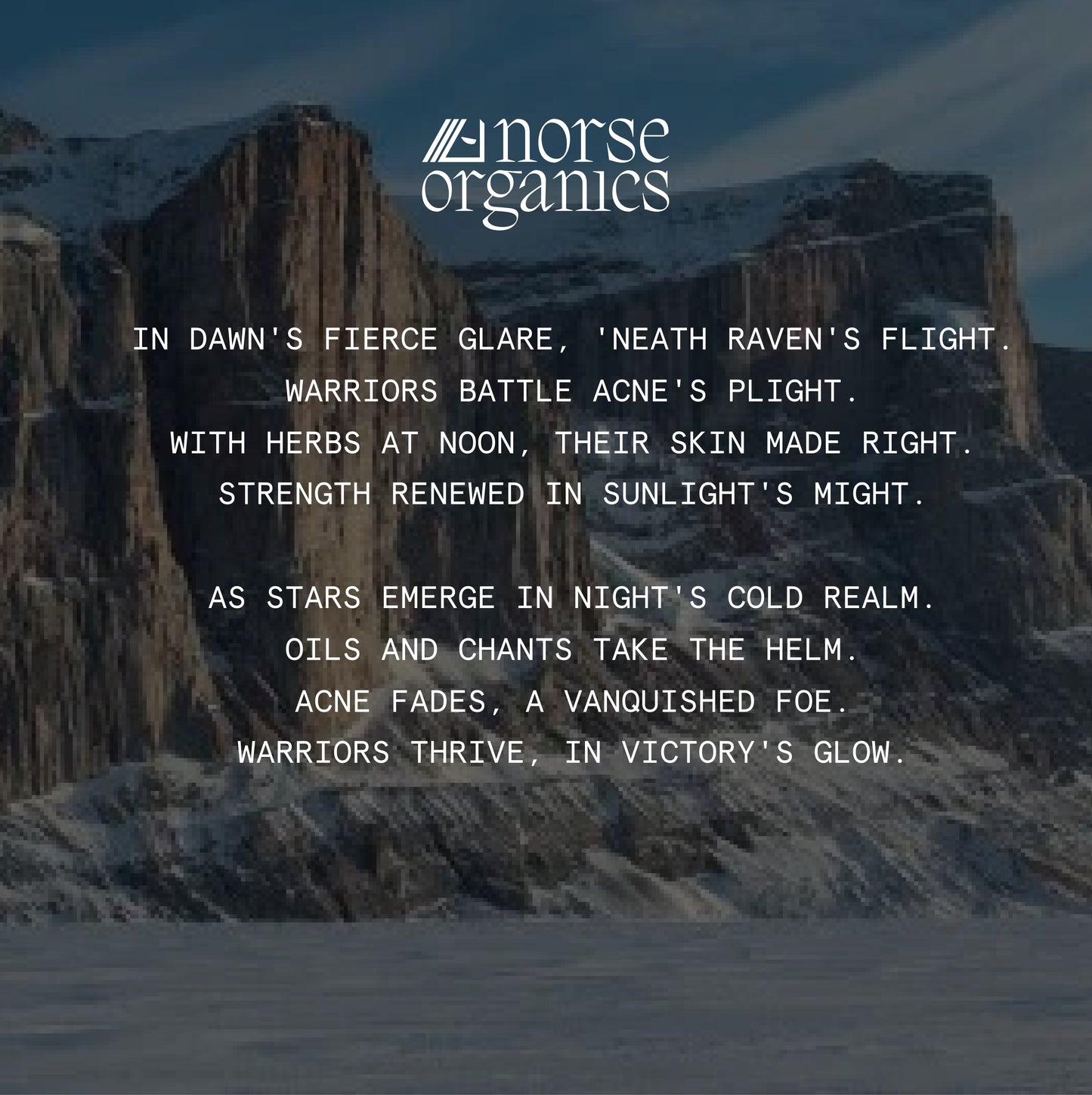 Arctic mountain landscape graphic with a Norse poem for Body Balm for Acne Prone Skin