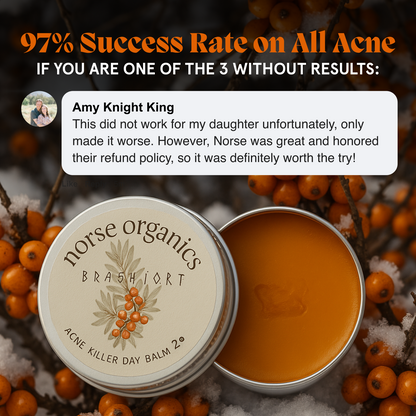 Open Acne Killer Day Balm among sea buckthorn berries with a customer testimonial graphic